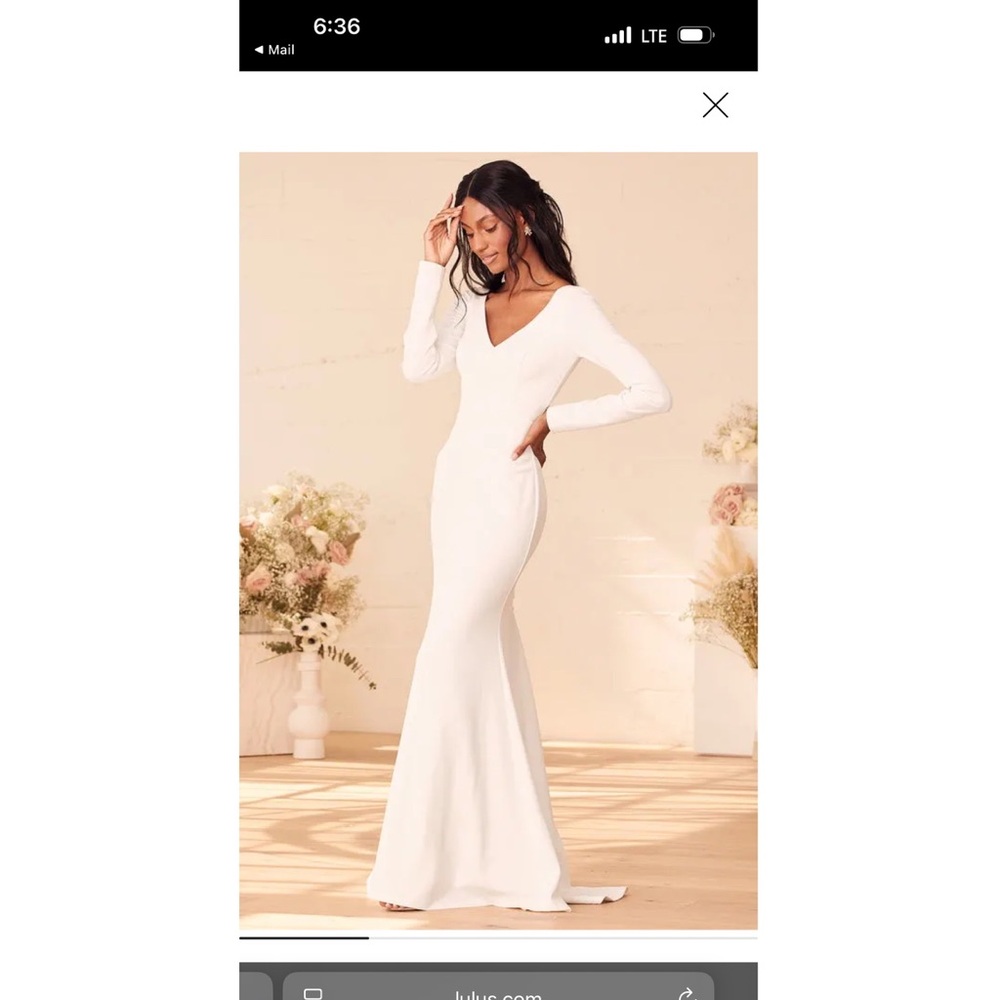 Lulu's White Long Sleeve V-Neck Bridal Gown